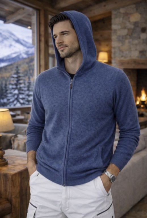 gilet capuche homme de dos 100% cachemire