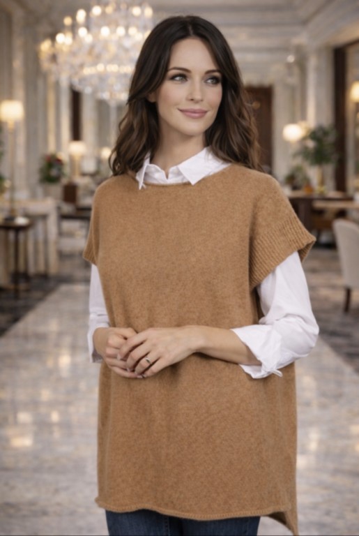 pull sans manche camel 100% cachemire