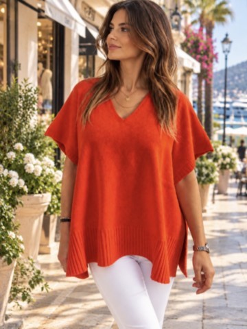 pull Poncho cachemire col V beige médio