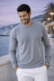 Pull V homme col rond gris médio