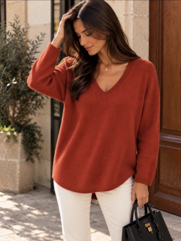 Nouveau Pull  col V oversize 100% cachemire Mongolie brique 