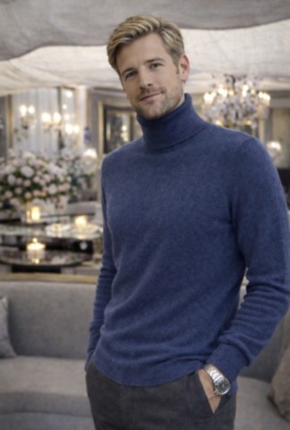 coloris bleu jeans col roulé homme 4 fils 100% cachemire beige médio